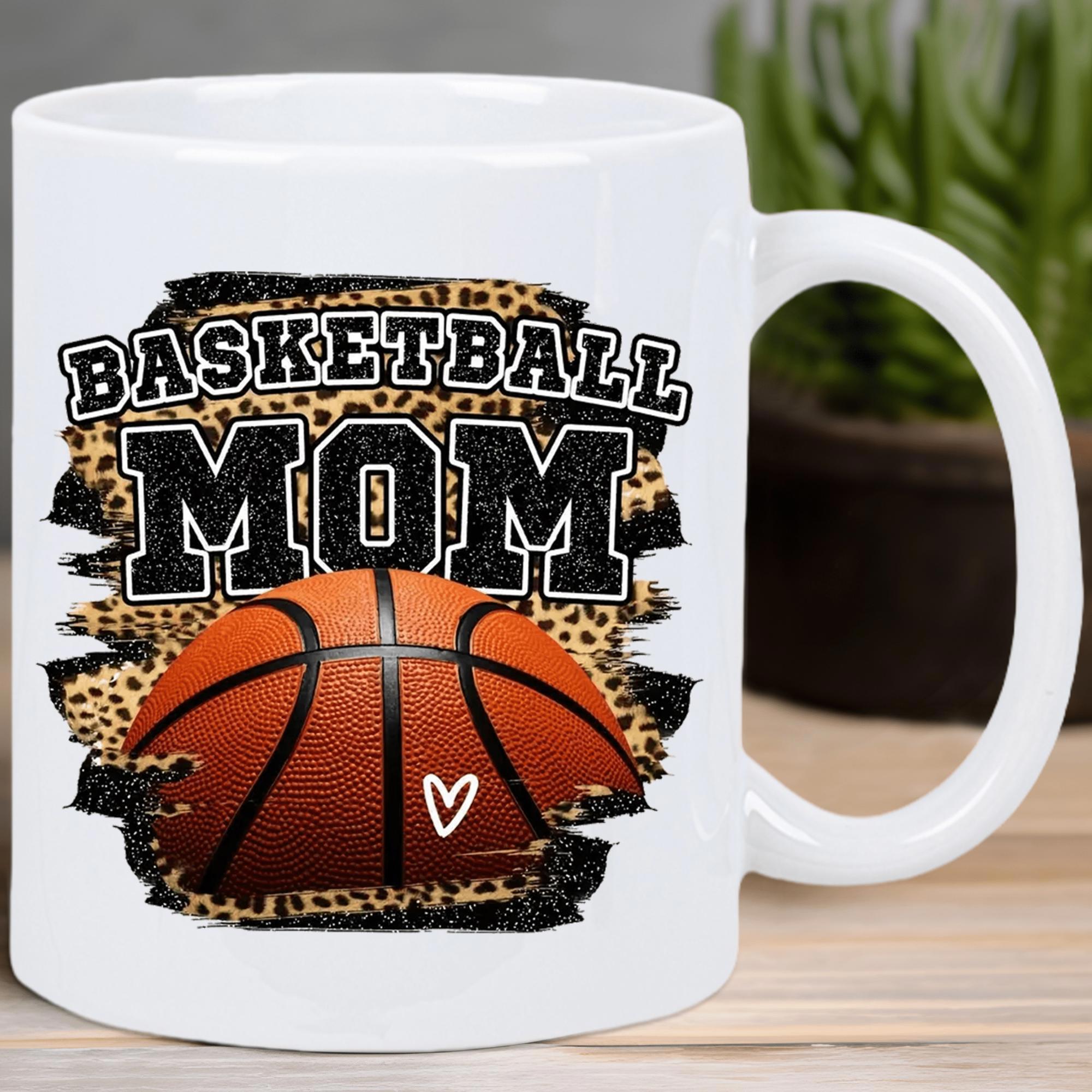 Tailorly White Ceramic 11 oz Mug - Basketball Mom Vibrant Orange Ball Set Against Bold Wild Leopard Pattern Background Basketball