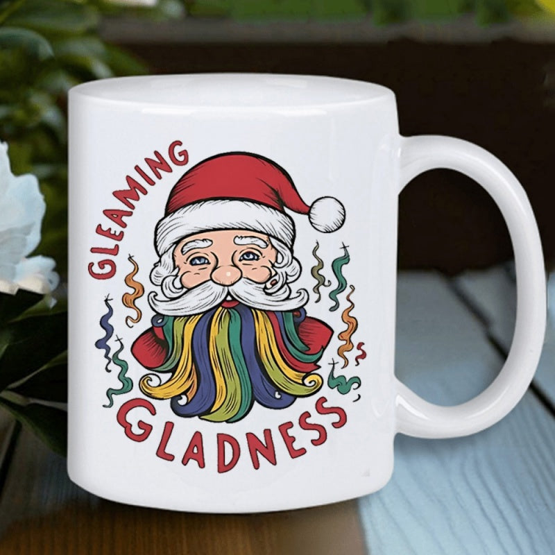 Tailorly White Ceramic 11 oz Mug - Gleaming Gladness Jolly Cartoon Character With Vibrant Rainbow Beard Among Colorful Festive Patterns Santa