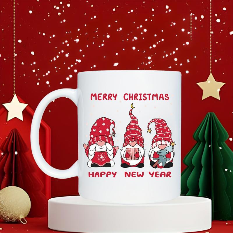 Tailorly White Ceramic 11 oz Mug - Merry Christmas Happy New Year Festive Red Scandinavian Wearing Patterned Hats Celebrating Winter Holiday Gnome