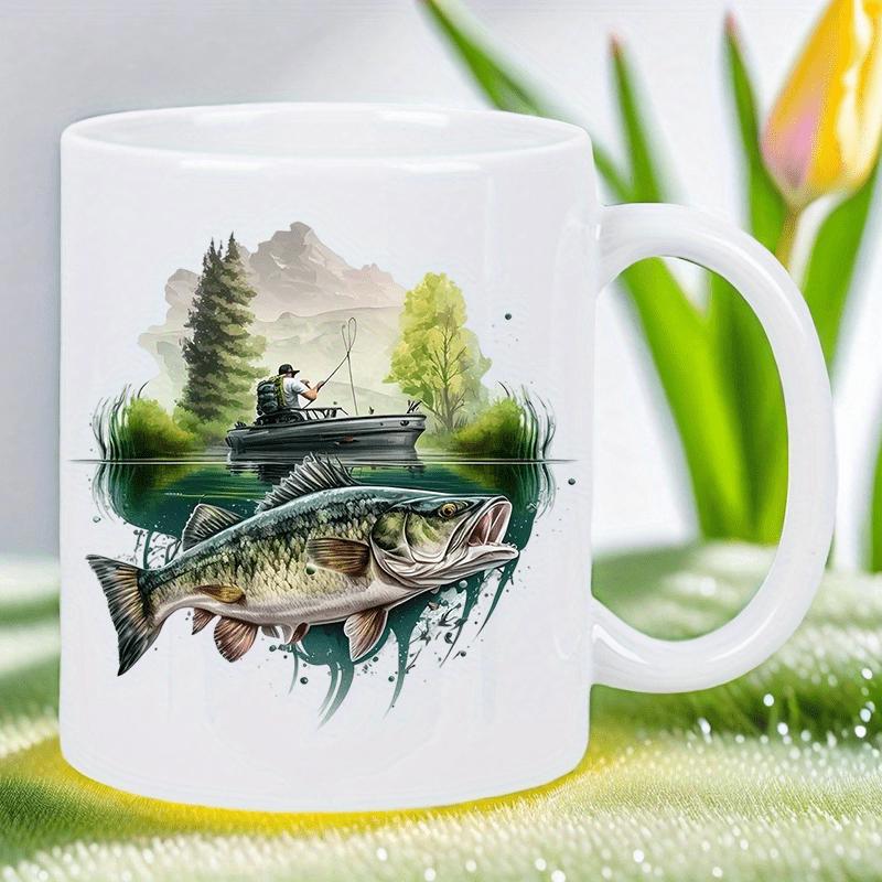 Tailorly White Ceramic 11 oz Mug - Serene Lake Scene With Fisherman On Boat Near Mountains And Pine Trees Bass