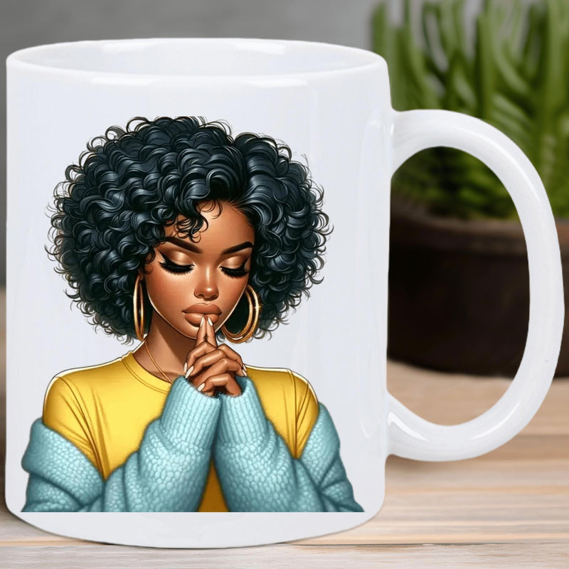 Tailorly White Ceramic 11 oz Mug - Elegant Black Woman With Afro Hair Wearing Yellow And Blue Clothing Woman