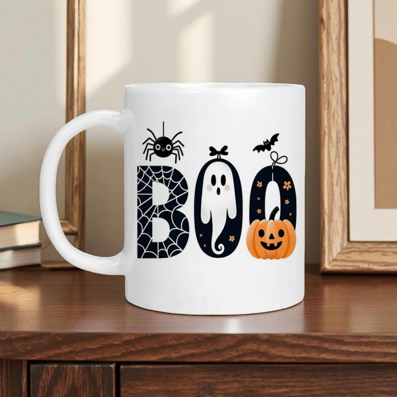Tailorly White Ceramic 11 oz Mug - Boo Spooky Halloween Elements Featuring A Spider Pumpkin And Bats Ghost