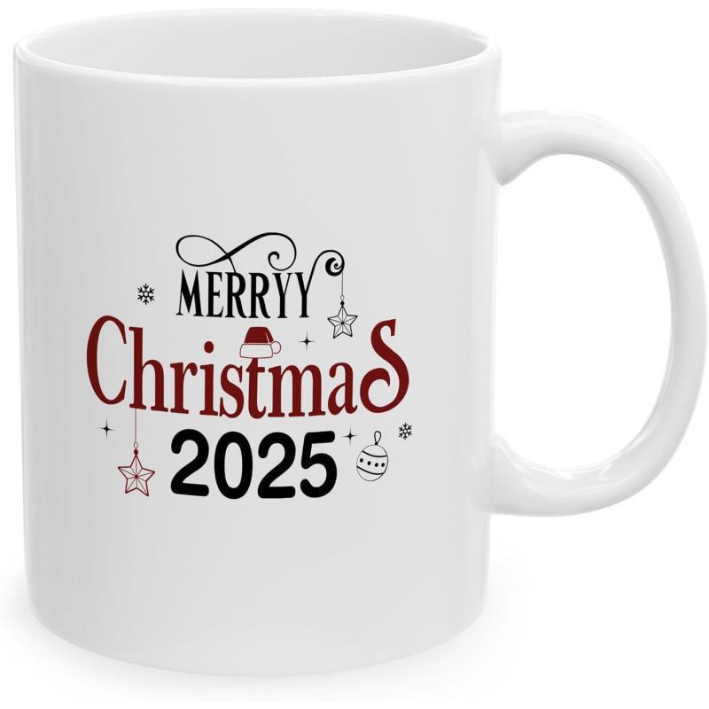 Tailorly White Ceramic 11 oz Mug - Merryy Christmas 2025 Festive Holiday Ornaments Hanging Around Elegant Decorative Seasonal Script Design