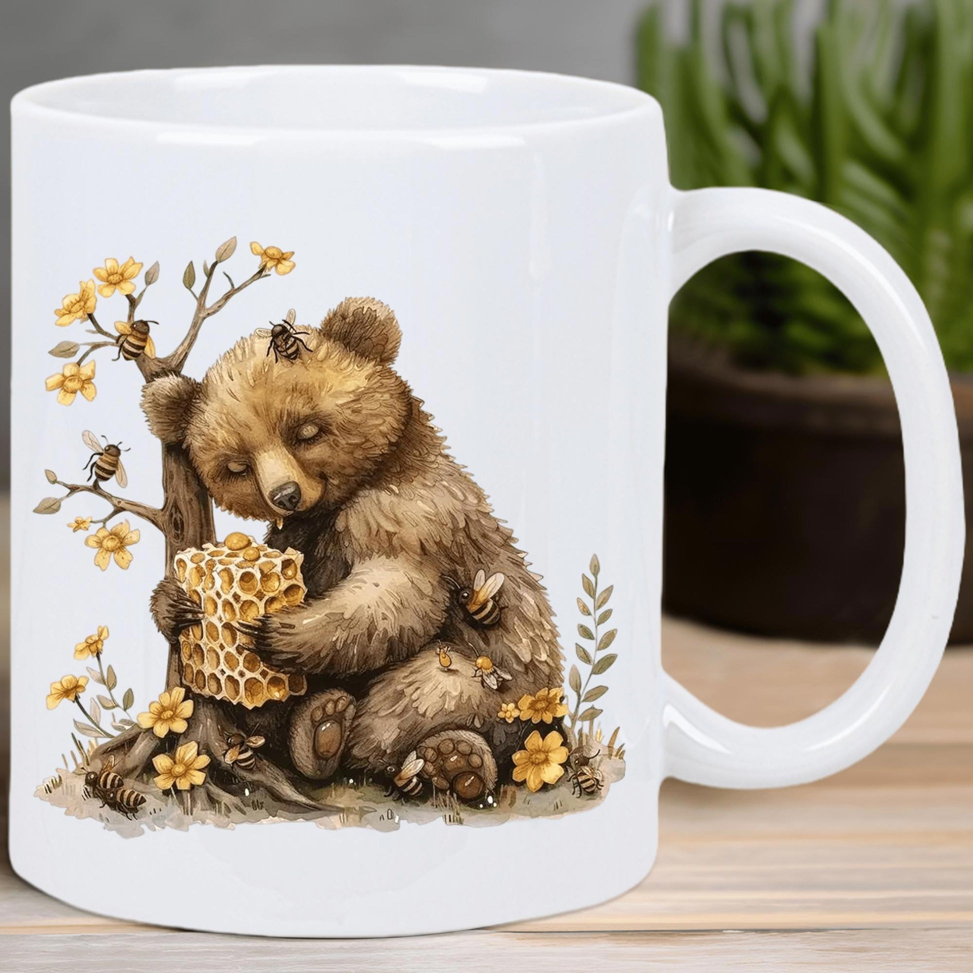 Tailorly White Ceramic 11 oz Mug - Adorable Brown Cub Sitting Beside Tree Holding Golden Honeycomb With Flowers Bear