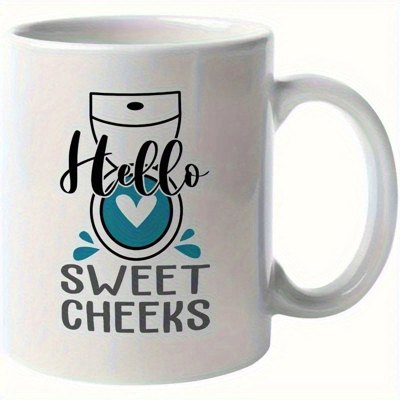 Tailorly White Ceramic 11 oz Mug - Hello Sweet Cheeks Minimalist Bathroom Style Illustration With Heart Shaped Water Bowl Splashing Toilet