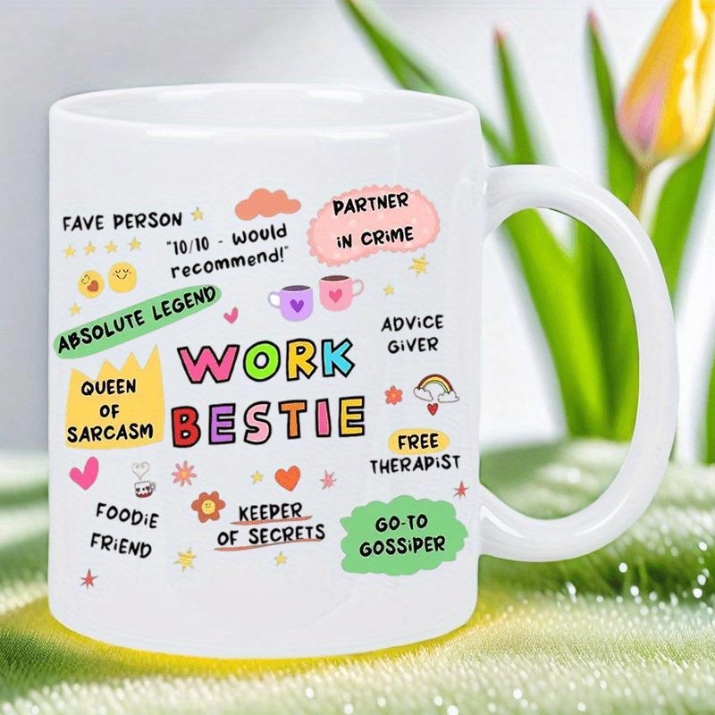 Tailorly White Ceramic 11 oz Mug - Work Bestie Fave Person Partner In Crime Colorful Bubbles With Hearts And Crowns Decorating Playful Sentimental Phrases Mug
