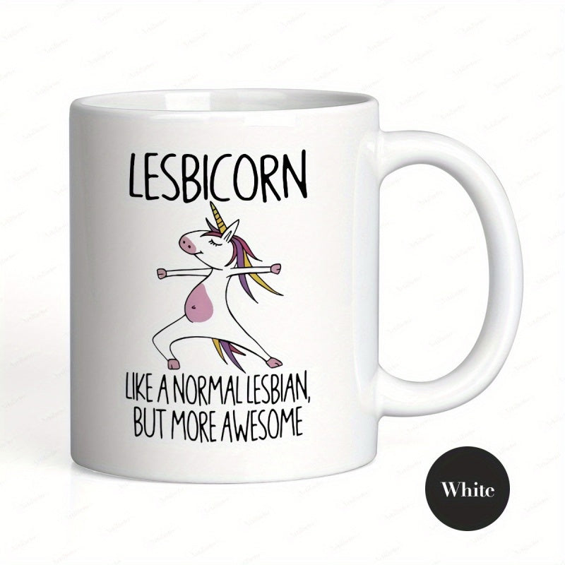 Tailorly White Ceramic 11 oz Mug - Lesbicorn Like A Normal Lesbian But More Awesome Whimsical Cartoon Character Practicing Yoga Poses With A Vibrant Mane Unicorn