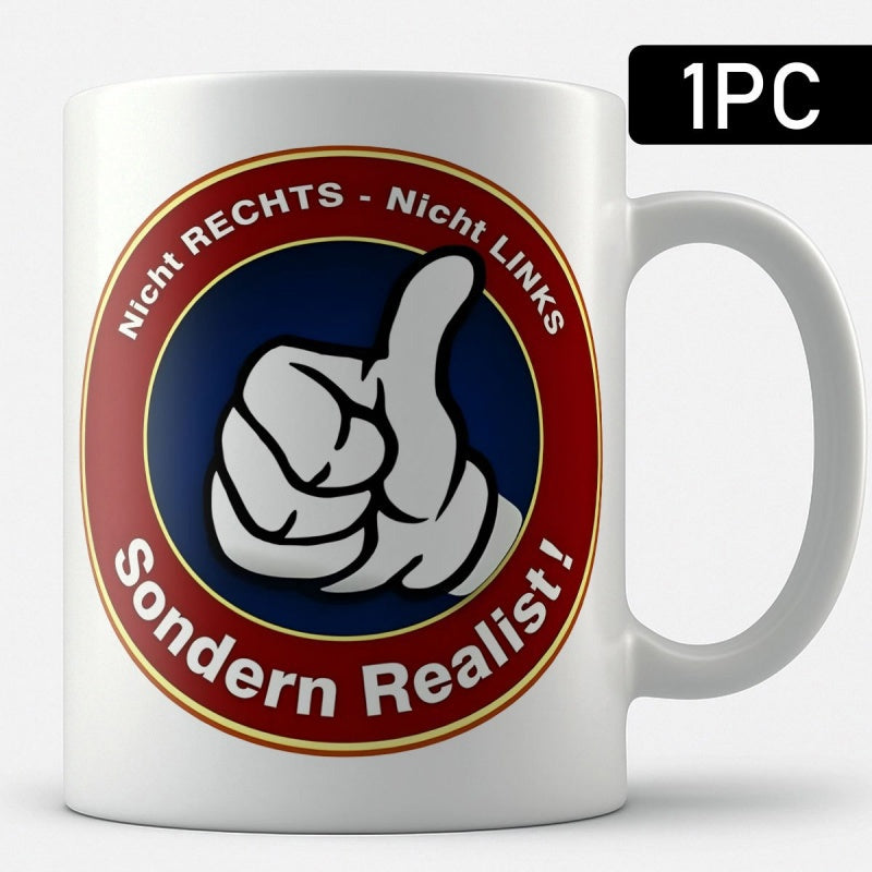 Tailorly White Ceramic 11 oz Mug - Cartoon Thumbs Up Gesture In Circular Badge With Red And Blue Colors Hand