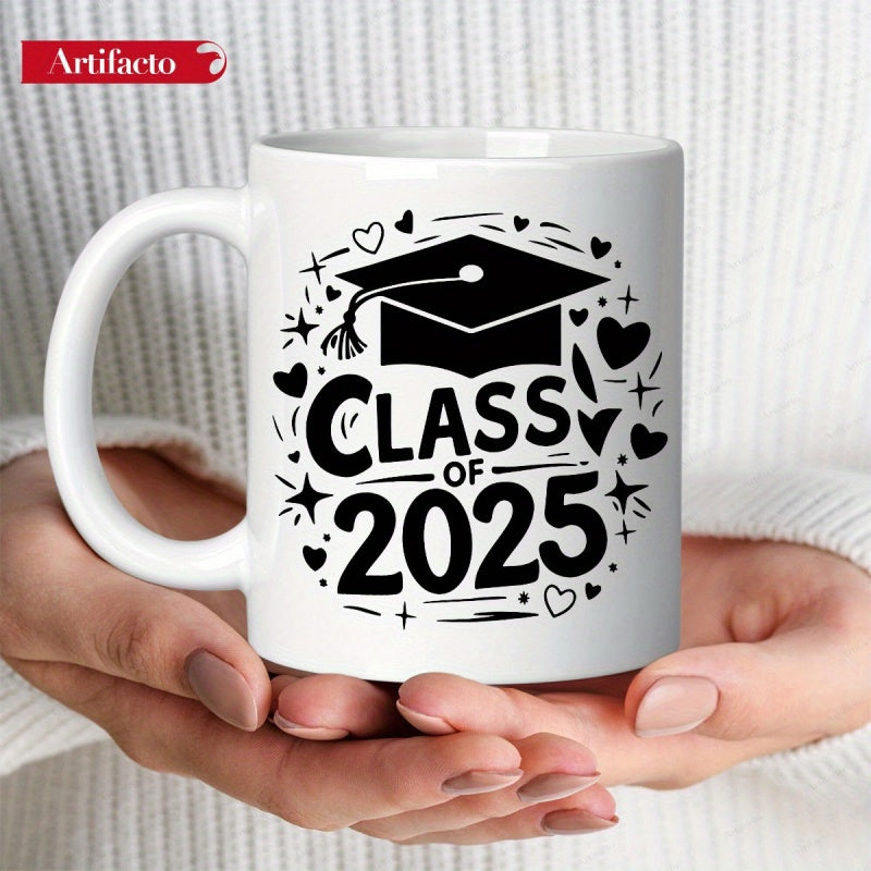 Tailorly White Ceramic 11 oz Mug - Class Of 2025 Celebrating Graduation With Floating Hearts And Stars Around Graduation Mortarboard