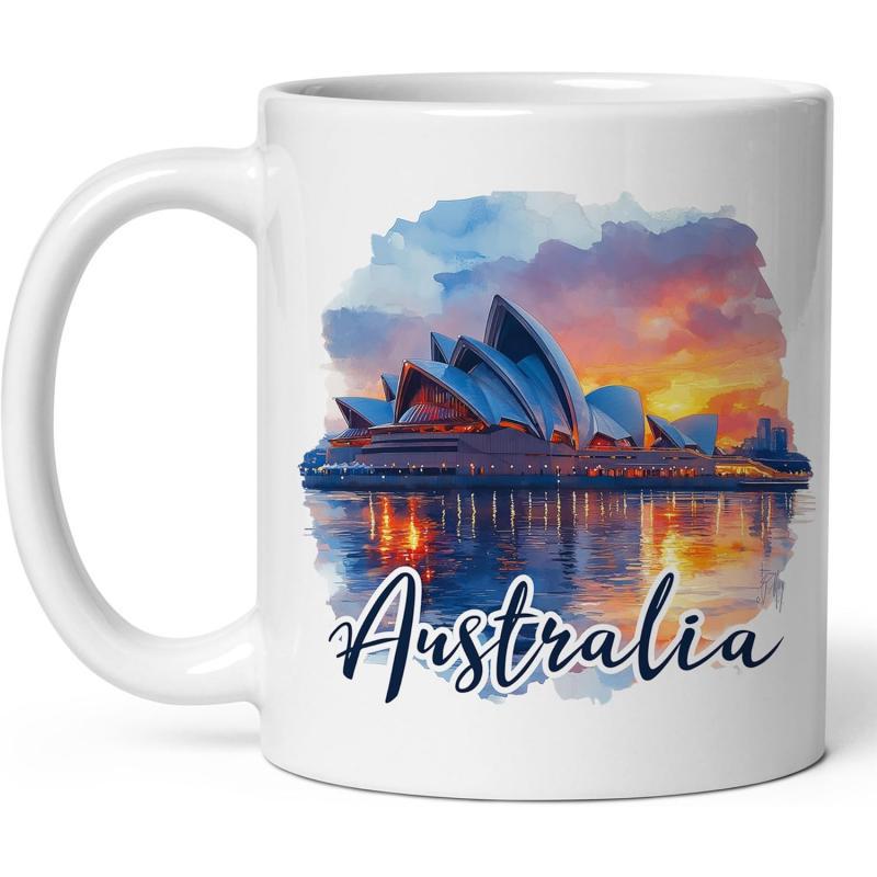 Tailorly White Ceramic 11 oz Mug - Australia Artistic Watercolor Landmark Standing Above Calm Harbor Reflecting Warm Sunset Skies Opera House
