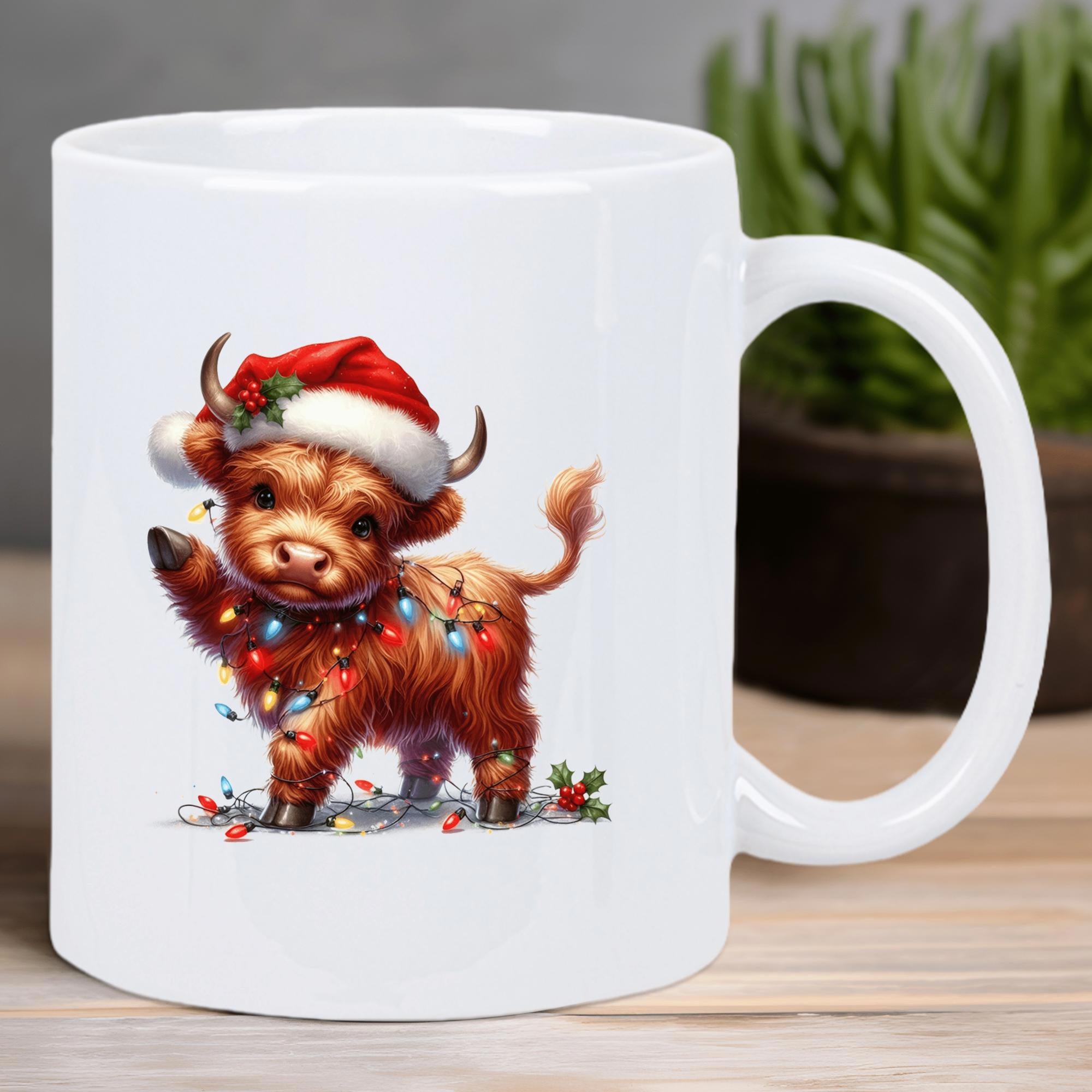 Tailorly White Ceramic 11 oz Mug - Festive Highland Cow Wearing Red Santa Hat Wrapped In Christmas Lights Cow