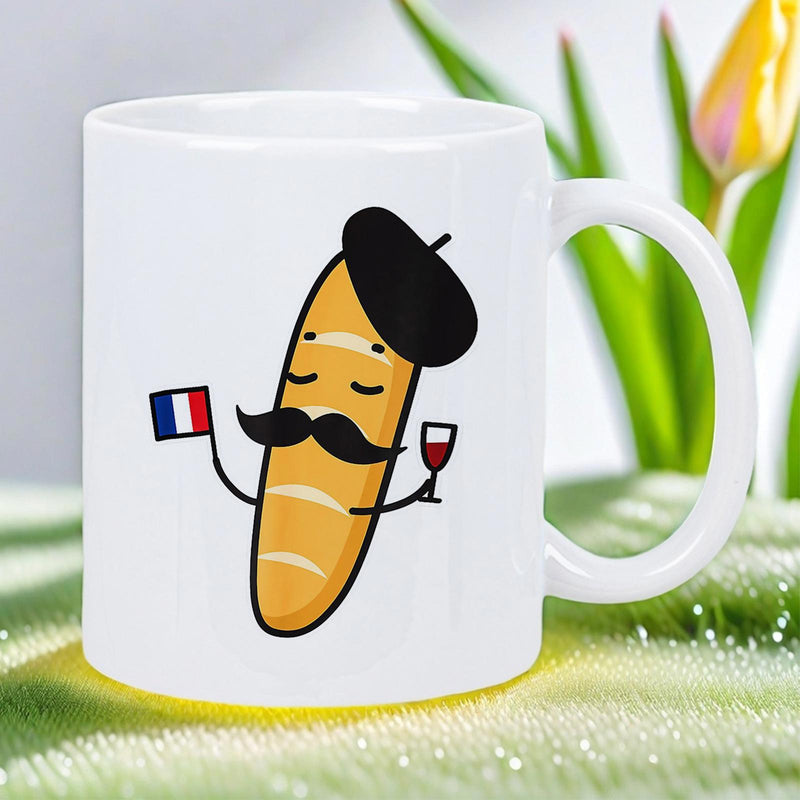 Tailorly White Ceramic 11 oz Mug - Cartoon French Baguette With Black Beret Holding Flag And Wine Baguette