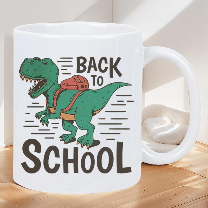 Tailorly White Ceramic 11 oz Mug - Back To School Cartoon Green T Rex Carrying Red Backpack With Motion Lines Dinosaur