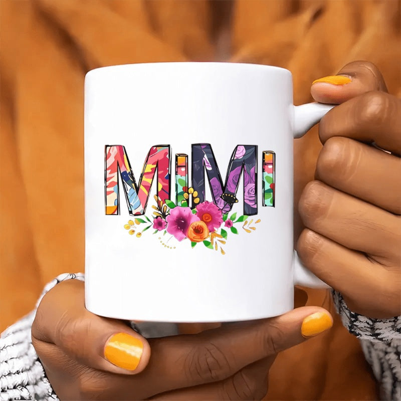 Tailorly White Ceramic 11 oz Mug - Mimi Elegant Vibrant Flowers Blooming Inside Large Stylized Bold Letters Pattern
