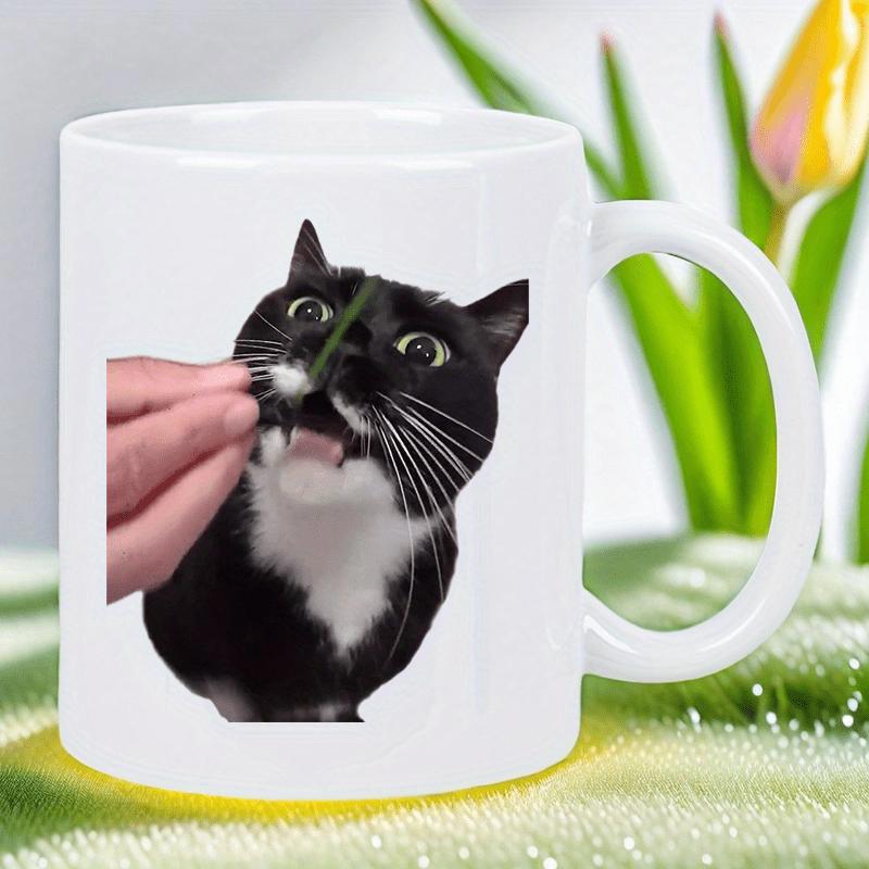 Tailorly White Ceramic 11 oz Mug - Excited Tuxedo Cat With Wide Eyes Being Fed By Human Hand Cat
