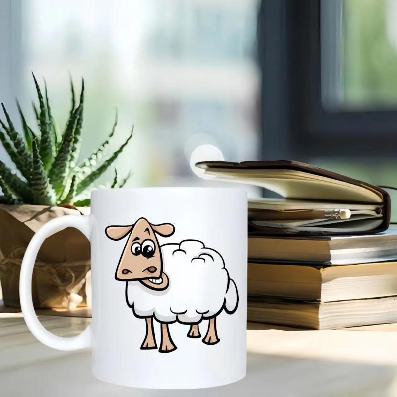 Tailorly White Ceramic 11 oz Mug - Whimsical Cartoon Farm Animal With Fluffy Wool Standing Peacefully Sheep