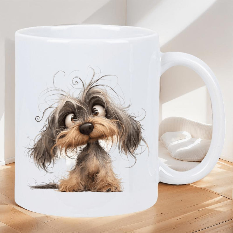 Tailorly White Ceramic 11 oz Mug - Whimsical Shaggy Cartoon Pup With Messy Fur And Expressive Eyes Sitting Dog