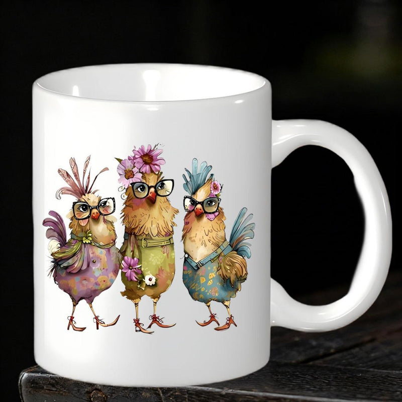 Tailorly White Ceramic 11 oz Mug - Three Whimsical Chickens Wearing Glasses And Floral Headpieces Standing Together Chicken