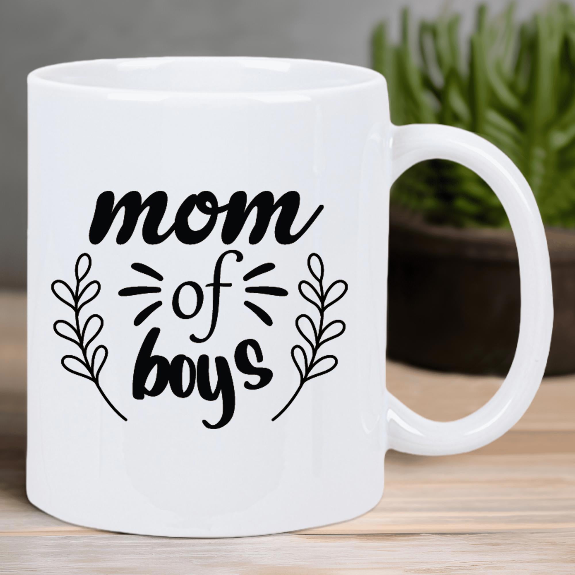Tailorly White Ceramic 11 oz Mug - Mom Of Boys Elegant Script Surrounded By Symmetrical Hand Drawn Leafy Branches Mug