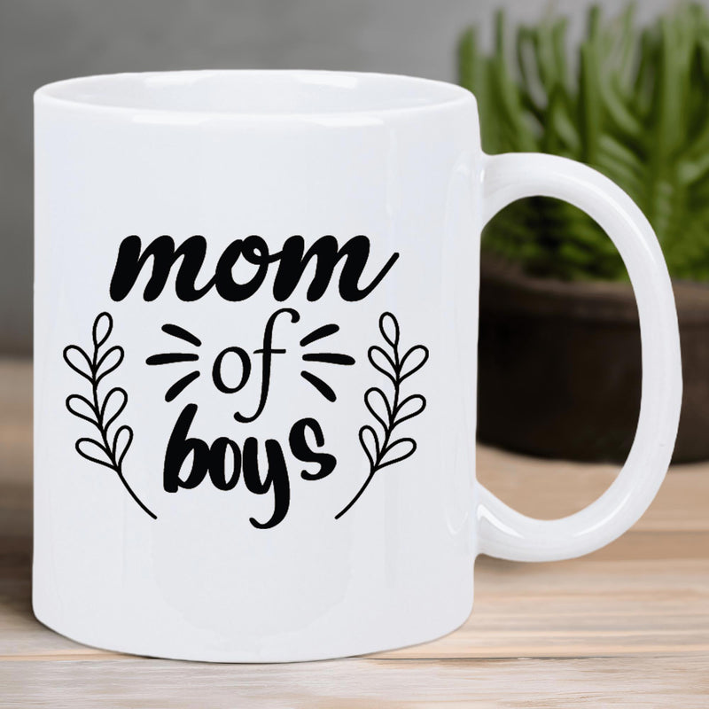 Tailorly White Ceramic 11 oz Mug - Mom Of Boys Elegant Script Surrounded By Symmetrical Hand Drawn Leafy Branches Mug