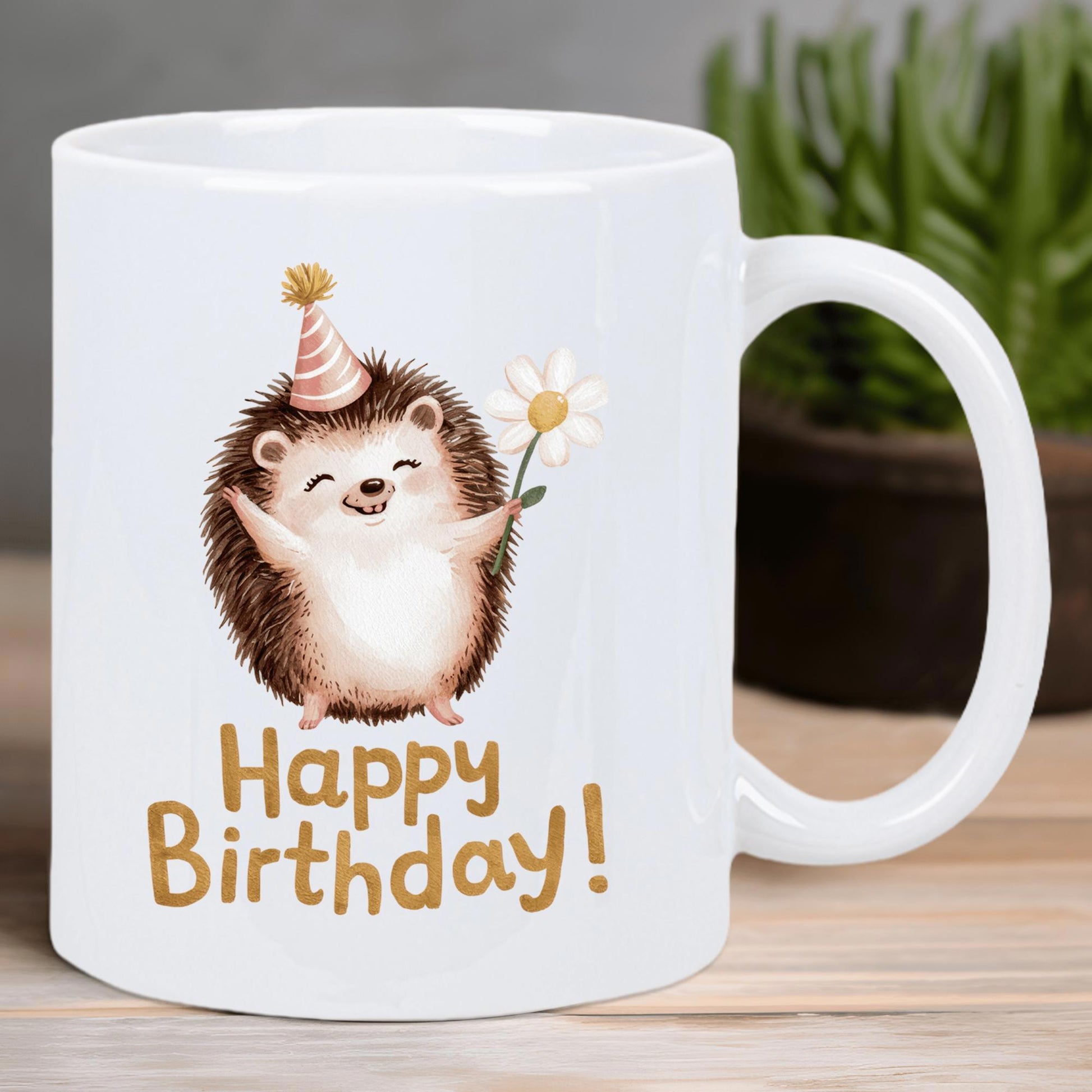 Tailorly White Ceramic 11 oz Mug - Happy Birthday Joyful Small Hedgehog Wearing Party Hat Holding A Daisy Flower Hedgehog