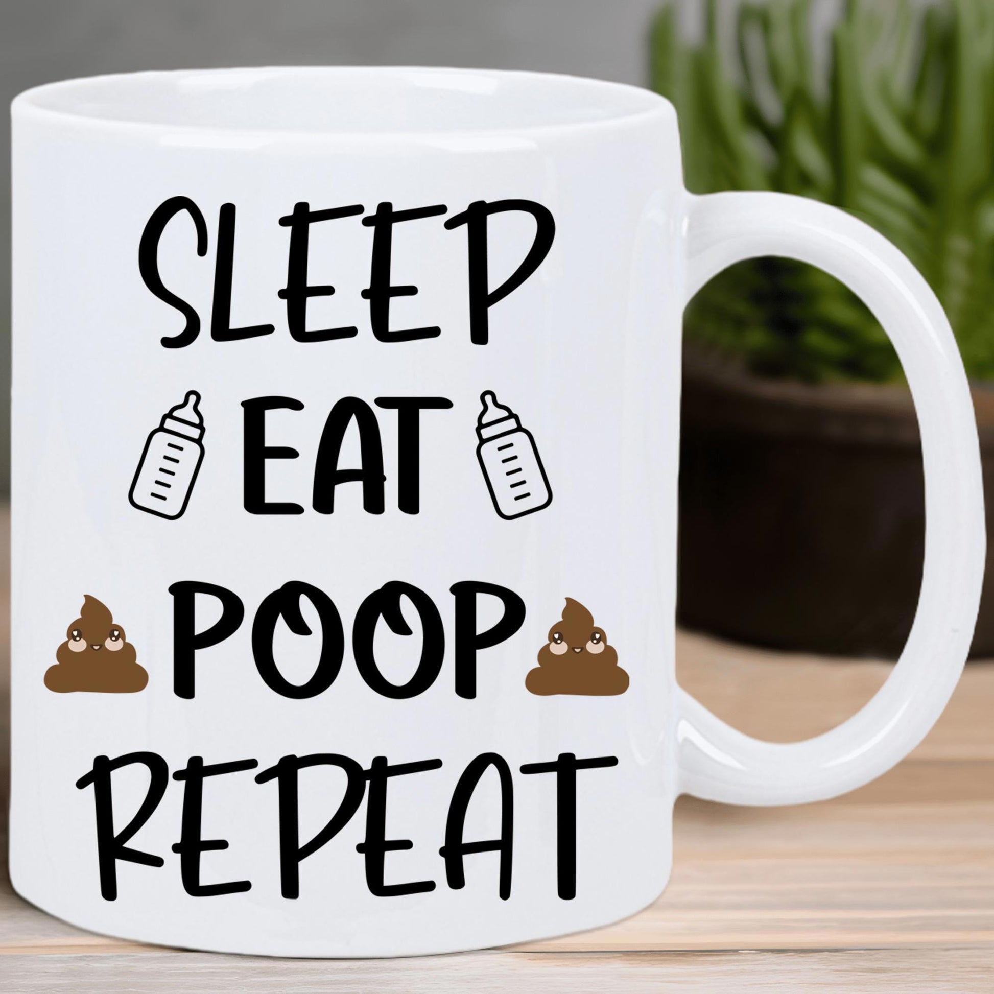 Tailorly White Ceramic 11 oz Mug - Sleep Eat Poop Repeat Playful Handwritten Lettering Surrounded By Small Milk Bottles And Cute Smiling Poop Art
