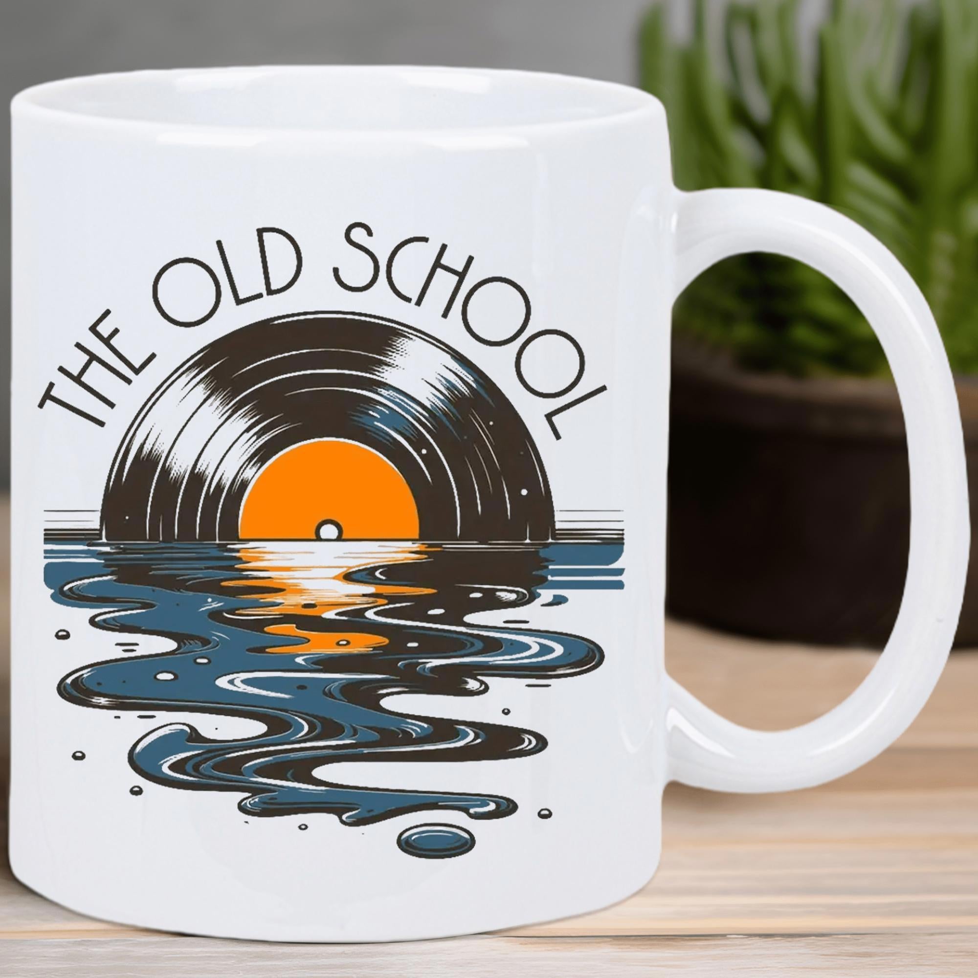 Tailorly White Ceramic 11 oz Mug - The Old School Vintage Vinyl Record Rising Like Sun Over Shimmering Water Waves Record