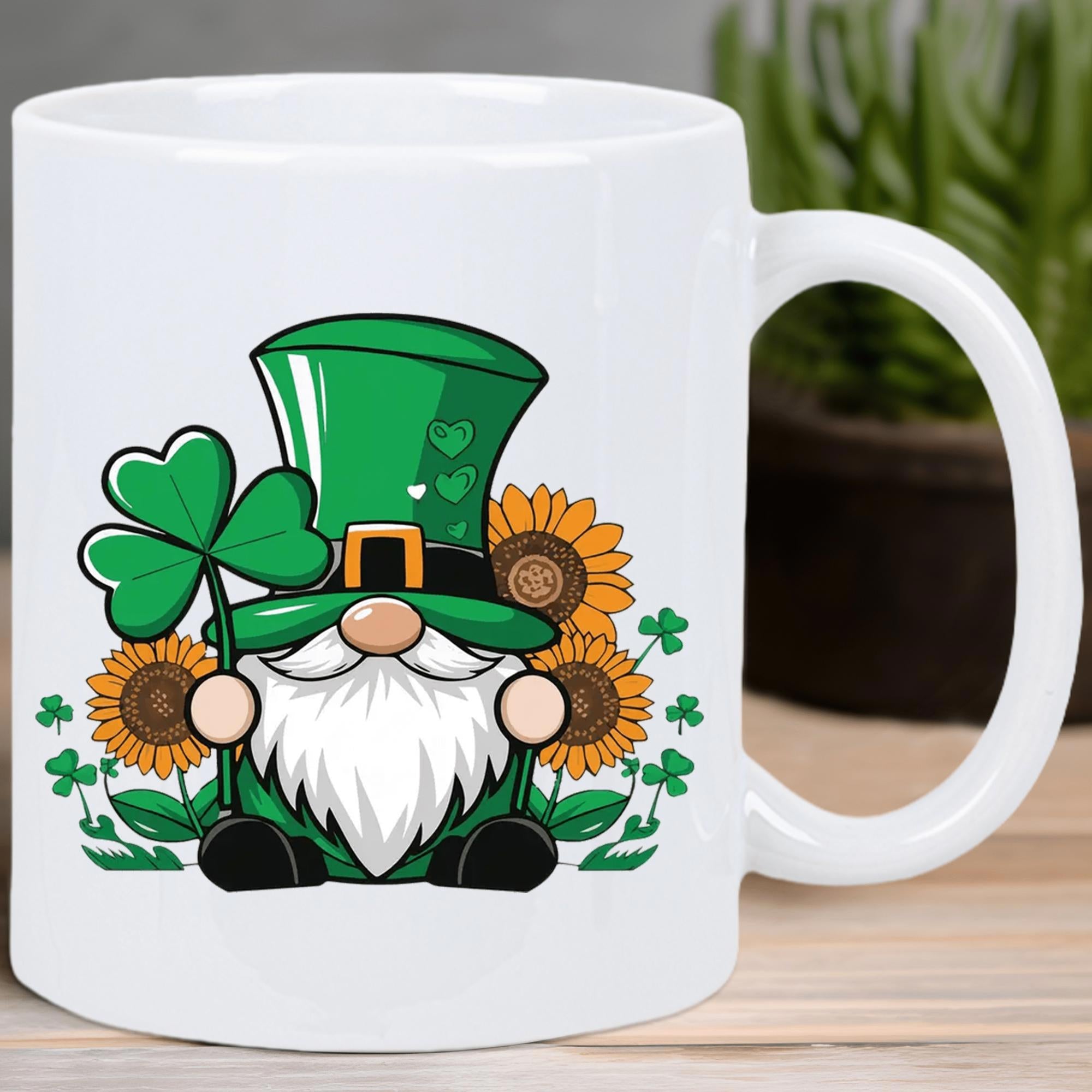 Tailorly White Ceramic 11 oz Mug - Festive Green St Patricks Day Character Holding A Lucky Shamrock Sunflowers Gnome