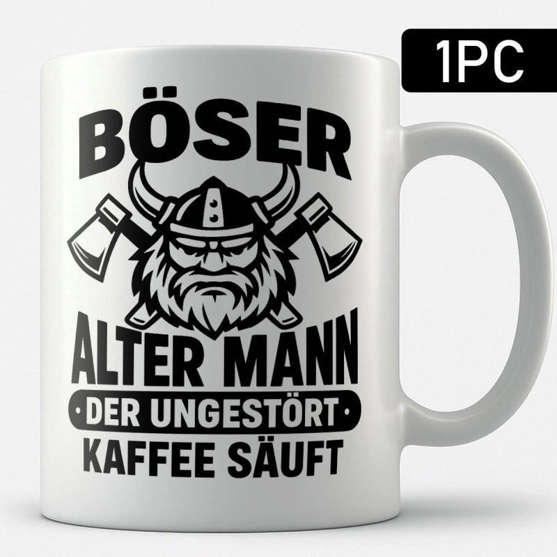 Tailorly White Ceramic 11 oz Mug - Bold Monochromatic Graphic Featuring A Fierce Bearded Warrior With Crossed Axes Viking