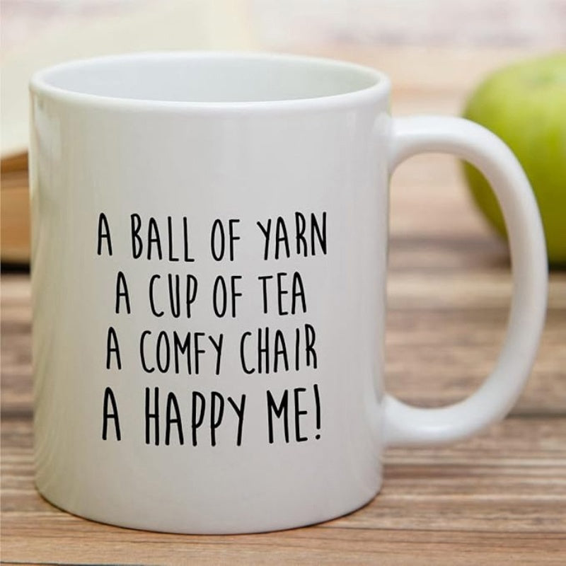 Tailorly White Ceramic 11 oz Mug - A Ball Of Yarn A Cup Of Tea A Comfy Chair A Happy Me Minimalist Typography Style Featuring Cozy Domestic Lifestyle Elements