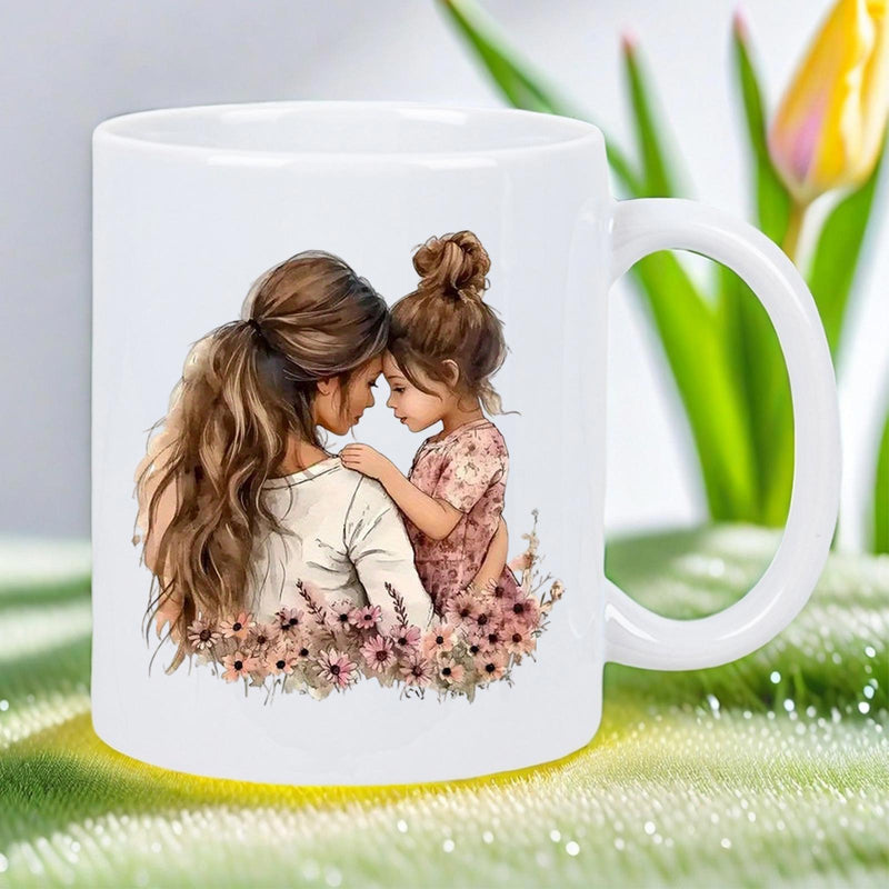 Tailorly White Ceramic 11 oz Mug - Loving Mother And Daughter Embracing Surrounded By Beautiful Wild Flowers Mother
