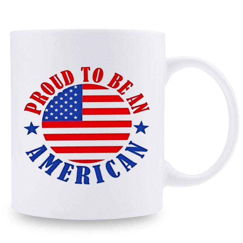 Tailorly White Ceramic 11 oz Mug - Proud To Be An American Circular Patriotic National Emblem Displaying Stars And Stripes American Flag