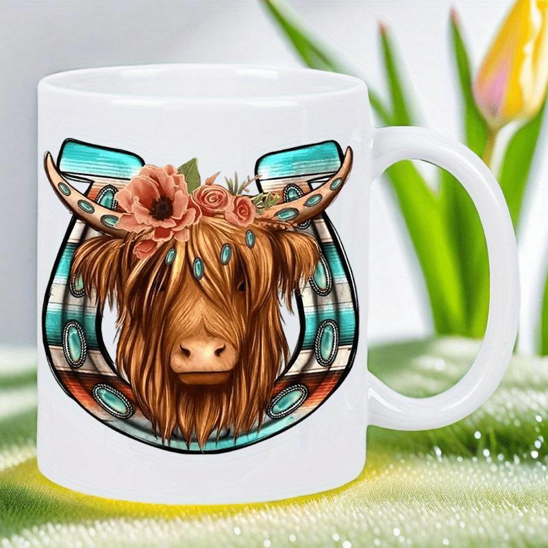 Tailorly White Ceramic 11 oz Mug - Rustic Turquoise Jeweled Horseshoe Surrounding Shaggy Brown Furry Horned Majestic Highland Cow