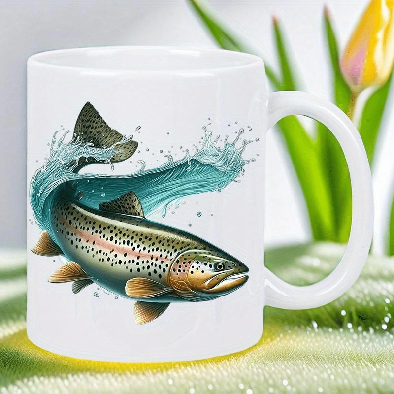 Tailorly White Ceramic 11 oz Mug - Realistic Brown Trout Leaping Through Crystal Clear Splashing Turquoise Water Trout