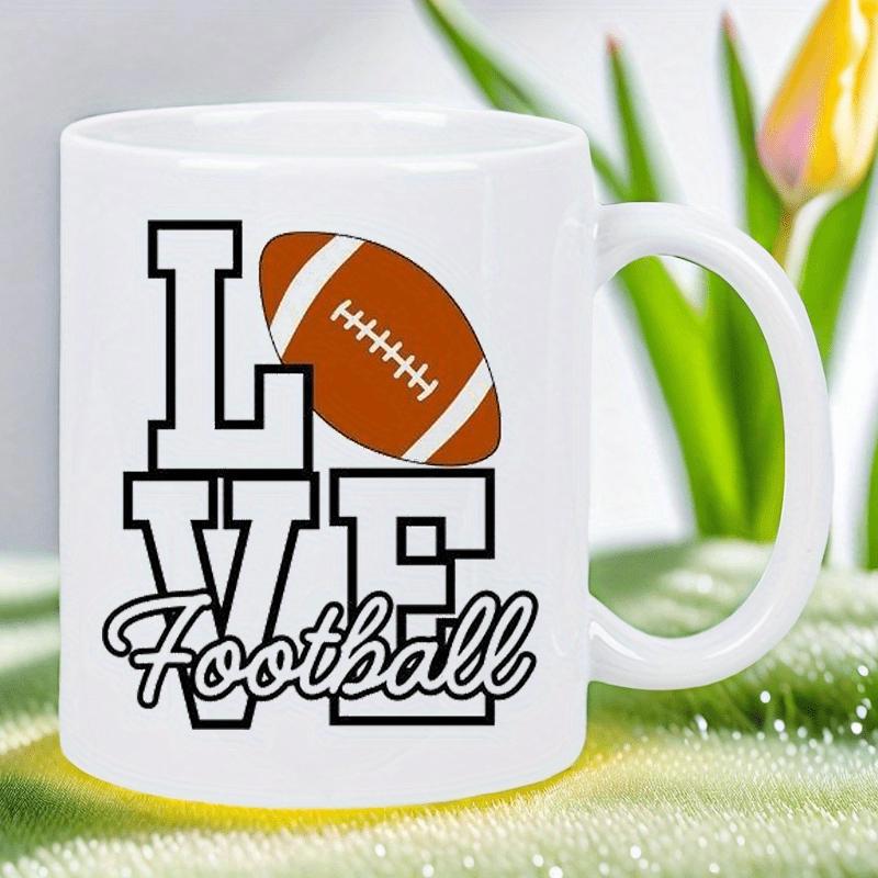 Tailorly White Ceramic 11 oz Mug - Love Football Classic Brown Textured Leather Ball With White Laces Over Bold Block Letters Football