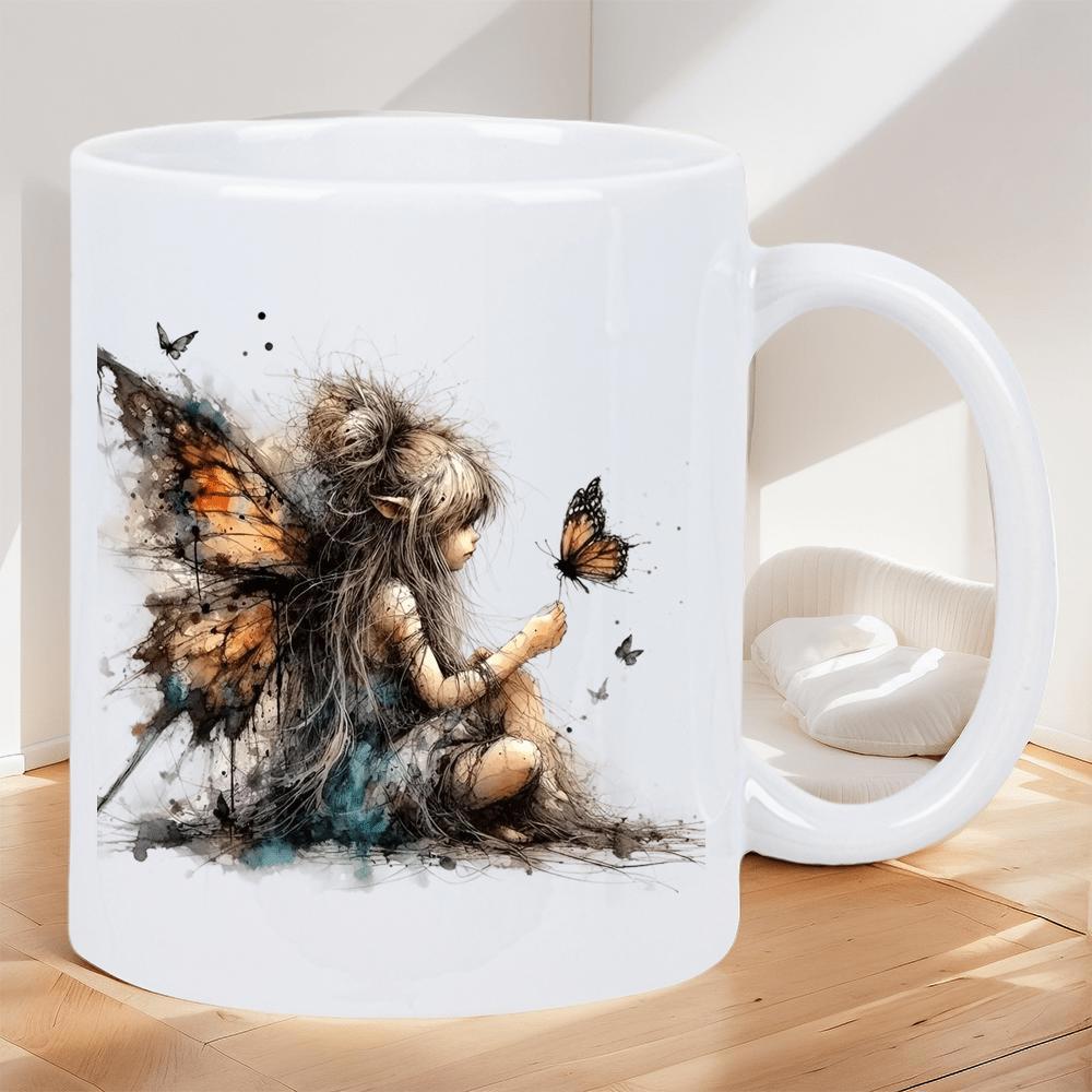 Tailorly White Ceramic 11 oz Mug - Delicate Little Fairy Sitting Among Tiny Butterflies With Large Ethereal Wings Fairy