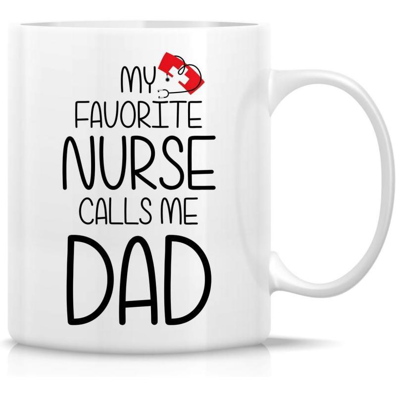 Tailorly White Ceramic 11 oz Mug - My Favorite Nurse Calls Me Dad Simple Medical Icons Featuring A Red Nurse Cap And Minimalist Stethoscope Mug