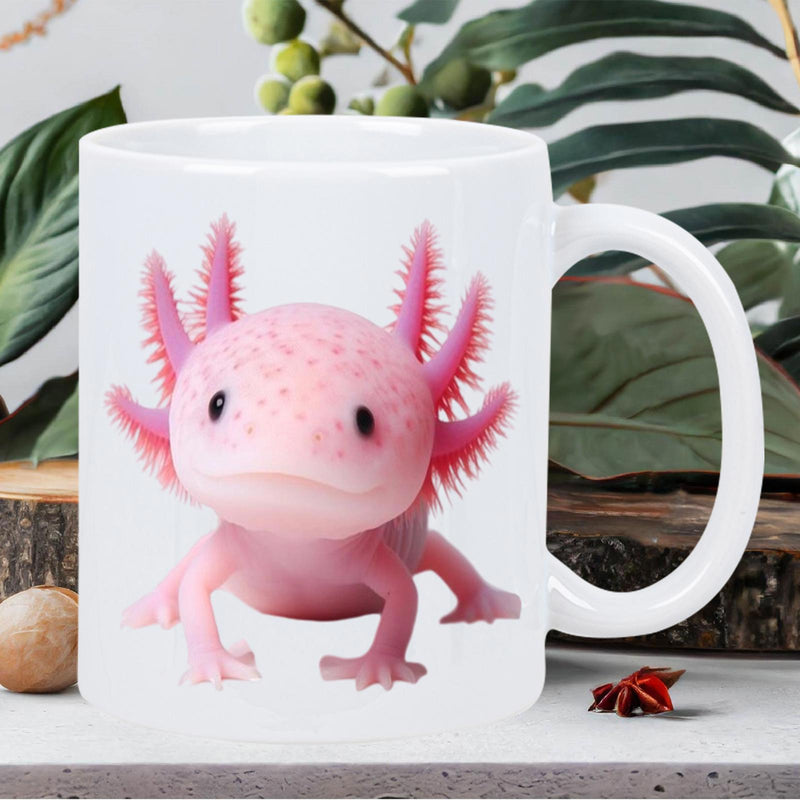 Tailorly White Ceramic 11 oz Mug - Cute Pink Aquatic Salamander With Tiny Feet And Frilly Gills Axolotl