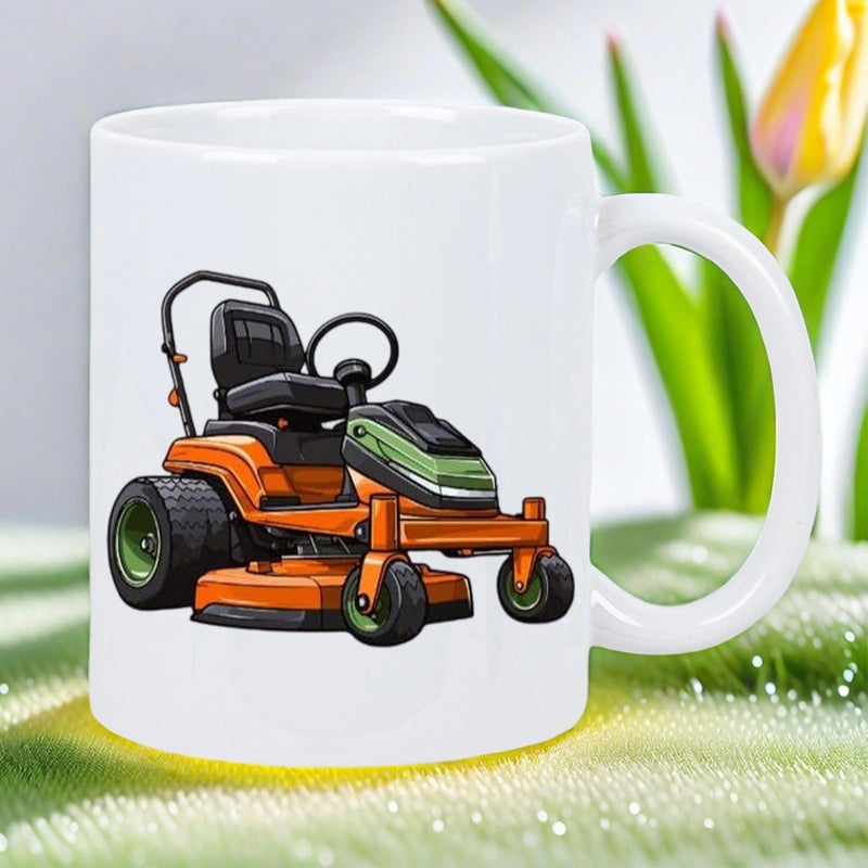 Tailorly White Ceramic 11 oz Mug - Vibrant Orange And Green Industrial Riding Machine Parked On Clean Surface Lawn Mower