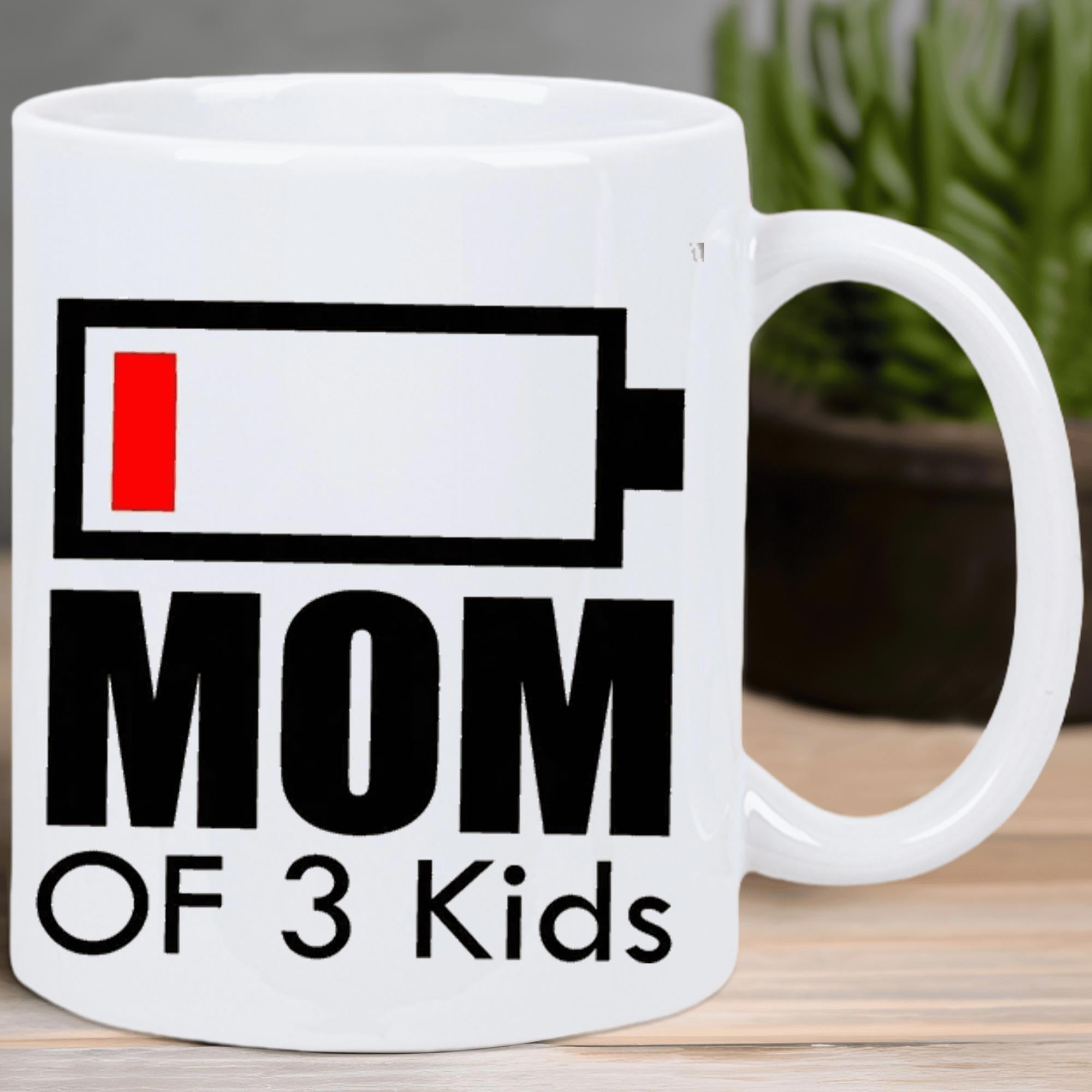 Tailorly White Ceramic 11 oz Mug - Mom Of 3 Kids Depicting A Low Energy Level Symbol In Simple Linear Outline Battery