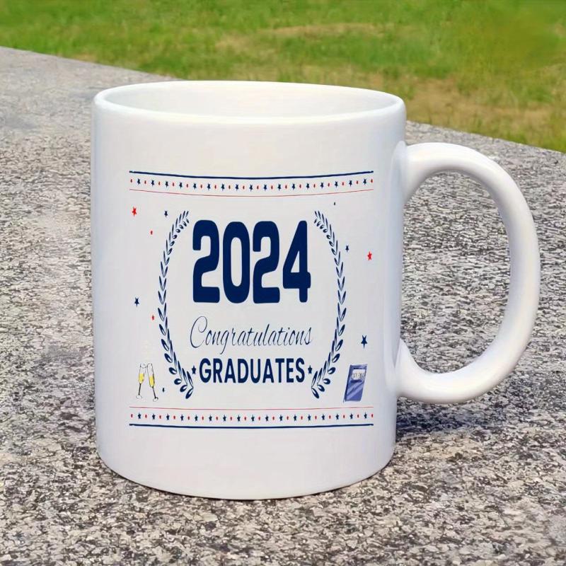 Tailorly White Ceramic 11 oz Mug - 2024 Congratulations Graduates Laurel Wreath With Toasting Glasses And Diploma Under Elegant Horizontal Lines Mug