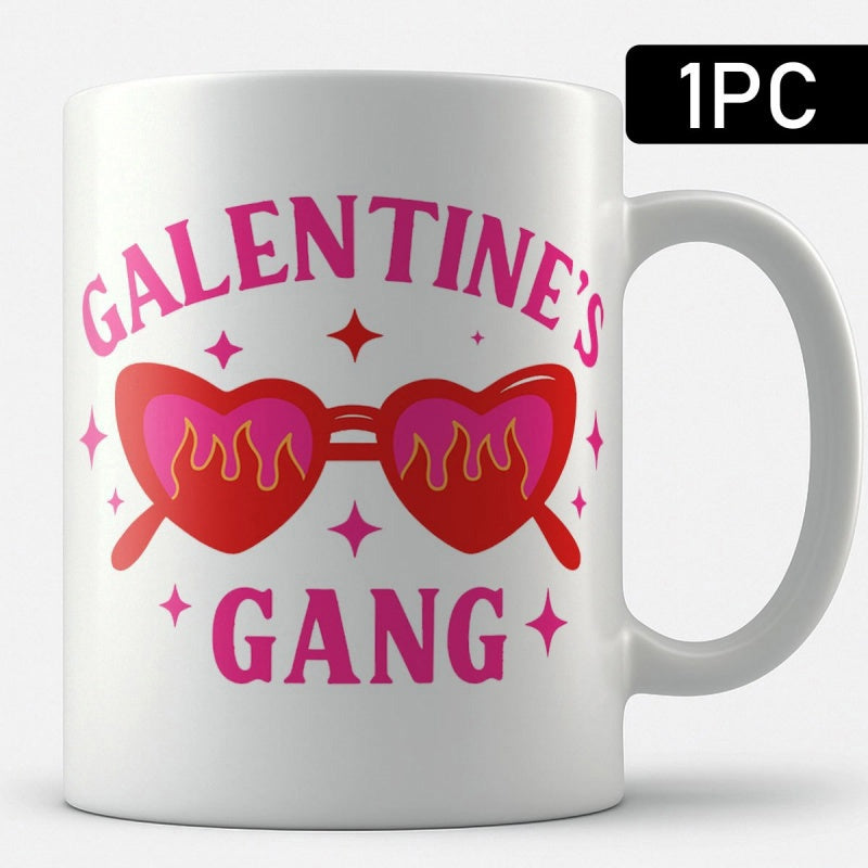 Tailorly White Ceramic 11 oz Mug - Galentine's Gang Retro Red Heart Shaped Glasses Featuring Flaming Lenses Under Pink Stars Sunglasses