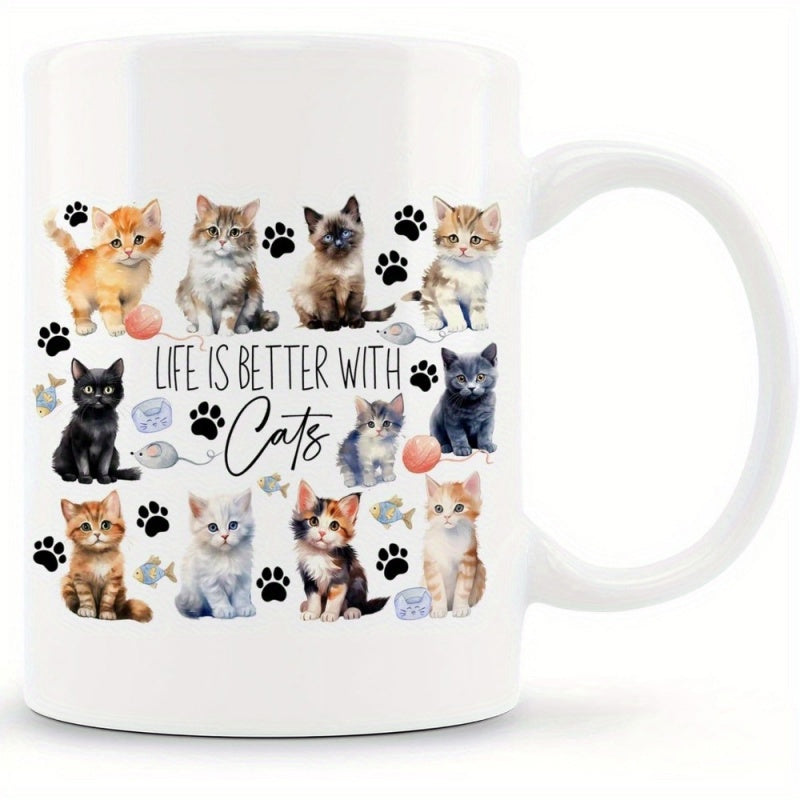 Tailorly White Ceramic 11 oz Mug - Life Is Better With Cats Adorable Diverse Breeds Of Kittens Surrounded By Small Paw Prints Kitten