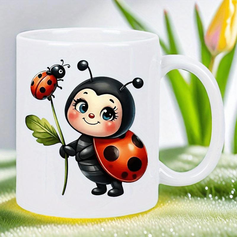 Tailorly White Ceramic 11 oz Mug - Cute Little Anthropomorphic Ladybug Character Holding A Green Leaf Stem Ladybug