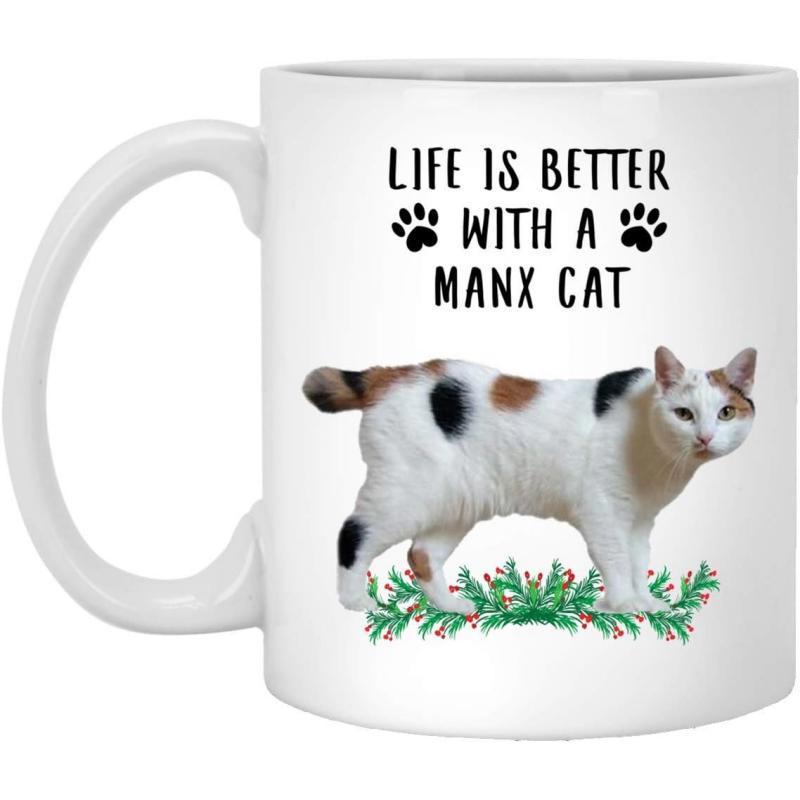 Tailorly White Ceramic 11 oz Mug - Life Is Better With A Manx Cat Adorable Spotted Calico Feline Standing Gracefully On Festive Green Branches Cat
