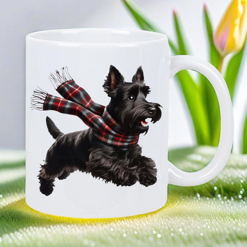 Tailorly White Ceramic 11 oz Mug - Graceful Black Scottish Terrier Wearing Red Plaid Scarf Blowing In Wind Dog