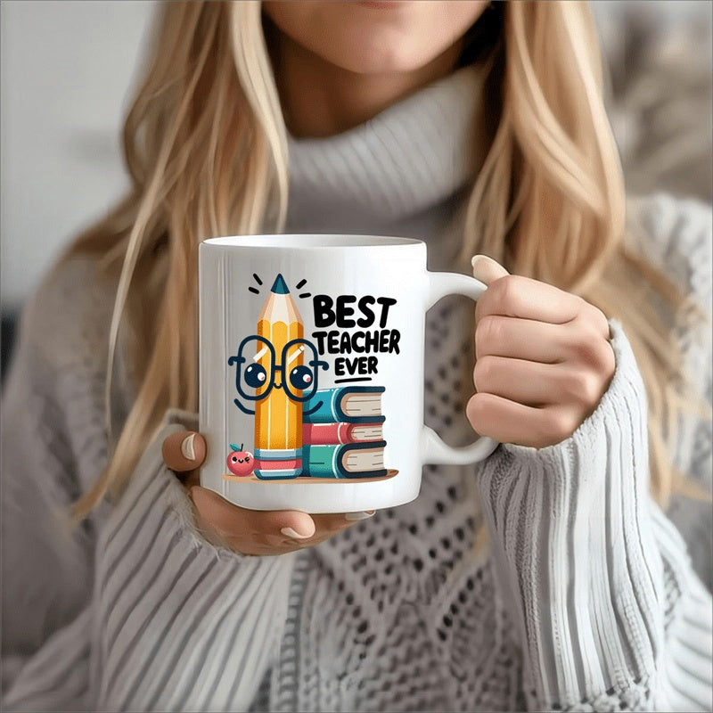 Tailorly White Ceramic 11 oz Mug - Best Teacher Ever Cute Smiling Yellow Pencil Wearing Glasses Standing Beside Stacked Books Mug