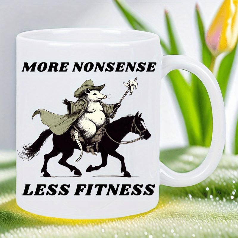 Tailorly White Ceramic 11 oz Mug - More Nonsense Less Fitness Whimsical Wizard Riding Along On A Galloping Majestic Black Horse
