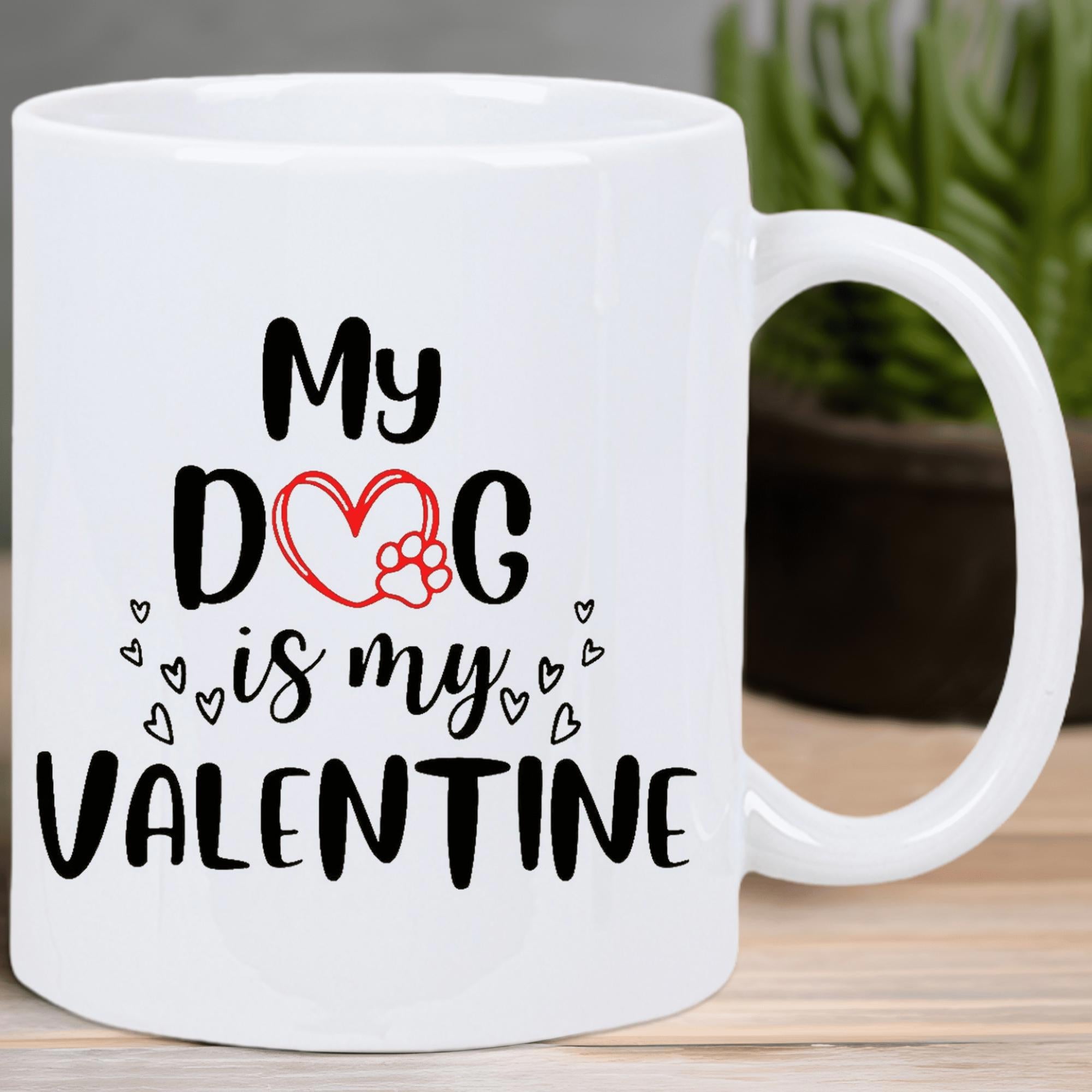 Tailorly White Ceramic 11 oz Mug - My Dog Is My Valentine Decorative Red Paw Print Among Scattered Tiny Heart