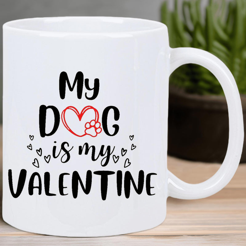 Tailorly White Ceramic 11 oz Mug - My Dog Is My Valentine Decorative Red Paw Print Among Scattered Tiny Heart